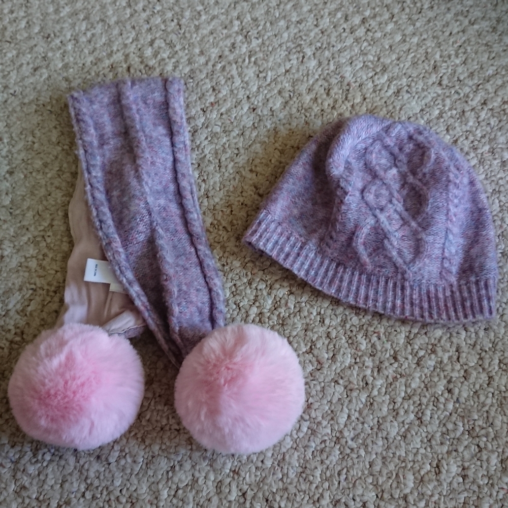 Janie and Jack Pink and lavender Pom-Pom scarf & beanie set size 4T